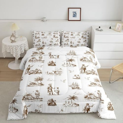 Coastal Pirate Ship Comforter Set King Size,Beach Tripical Palm Tree Bedding Sets 3Pcs Teens Adult Men Room Decor,Sailing Boat Seagull Quilted Duvet Retro Sketch Brown Down Comforter,2 Pillowcases