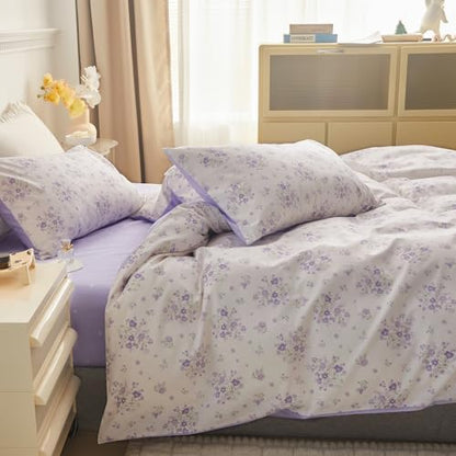 LifeTB Vintage Floral Comforter Set Queen Purple Flower Bedding Comforter for Queen Bed Boho Garden Floral Botanical Comforter with 2 Pillowcases Farmhouse Bedding Girls Floral Comfy Comforter Set
