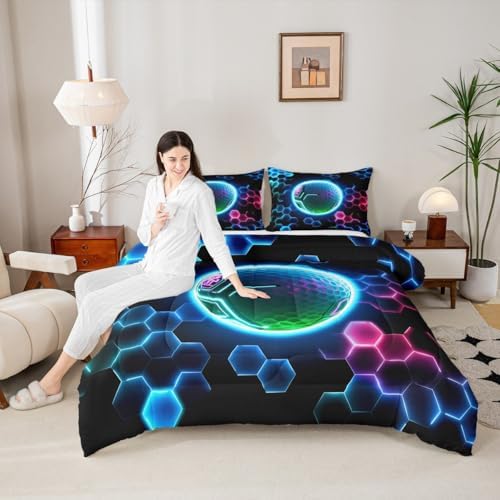 Erosebridal 3D Golf Bedding Full,Sports Decor Comforter Set Neon Geometric Honeycomb Bed Sets Cool Gamer Style Duvet Insert 3 Pieces