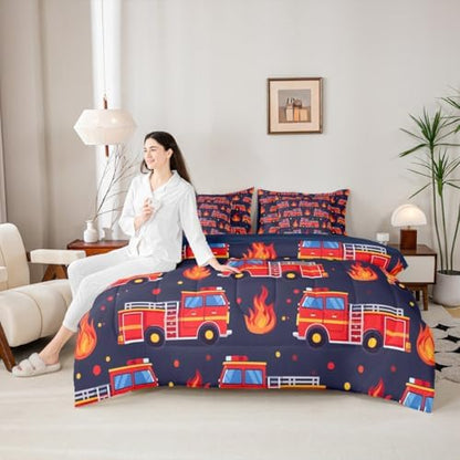 Erosebridal Boys Fire Truck Comforter Set with Sheets King, Cartoon Red Firemen Car Bed in A Bag for Kids Teens Men Room Decor, Dark Blue 7 Pcs Bedding Set, Fire Engine Polka Dots Bed Sets