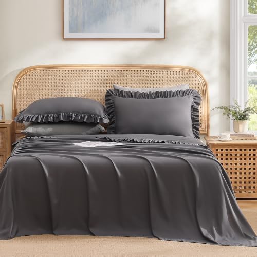ROSE&RISY Queen Ruffle Sheet Set 4 Piece - Dark Grey Soft Lightweight Microfiber Bedding with Deep Pocket, Breathable Ruffled Flat Sheet & Pillowcases (Dark Grey, King Size)