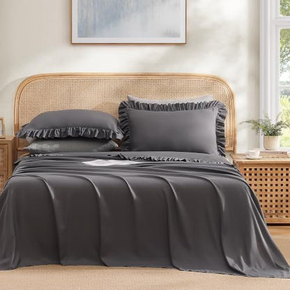 ROSE&RISY Queen Ruffle Sheet Set 4 Piece - Dark Grey Soft Lightweight Microfiber Bedding with Deep Pocket, Breathable Ruffled Flat Sheet & Pillowcases (Dark Grey, King Size)