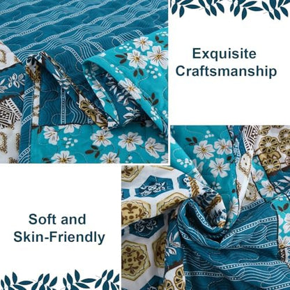 Mybedsoul Boho Quilts Queen Size, Floral Patchwork Bedding Set, Dusty Blue