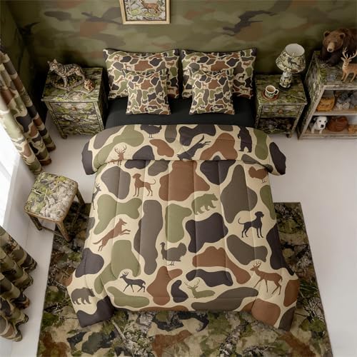 Erosebridal Deer Bear 7 Piece Bedding Set Queen Camo Comforter Set with Sheets Hound Turkey Wolf Army Print Bed in a Bag Brown Farmhouse Camouflage for Kids Boys Girls