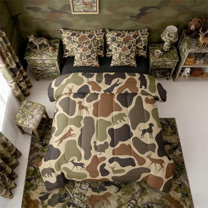 Erosebridal Deer Bear 7 Piece Bedding Set Queen Camo Comforter Set with Sheets Hound Turkey Wolf Army Print Bed in a Bag Brown Farmhouse Camouflage for Kids Boys Girls