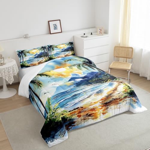 Homewish Tropical Beach Ocean Comforter Set King Size,Coconut Tree Bedding Set 3Pcs for Kids Girls Boys Teens Room Decor,Watercolor Coastal Quilt Set Blue Vintage Romantic Duvet Insert,2 Pillowcases