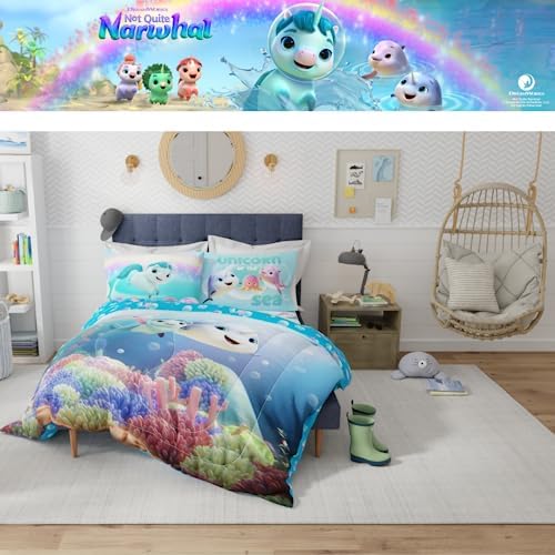DreamWorks Not Quite Narwhal Kids Bedding Super Soft Comforter and Sheet Set, 5 Piece Full Size, (Official Licensed Product) By Franco