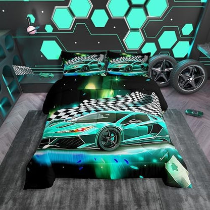 Teal Race Car Comforter Set King Size, Black White Lattice Bedding Set 2pcs for Kids Boys Teens Room Decor,Extreme Sport Games Quilt Set,Cool Modern Duvet Insert with 2 Pillowcases