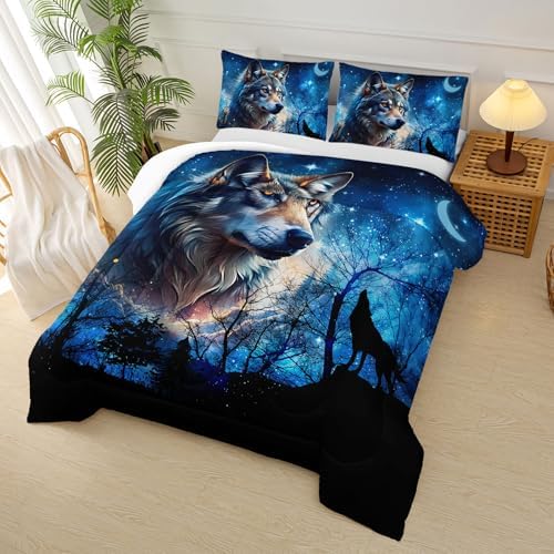Wolf Comforter Set King for Boys Girls,Wolf Night Moon Galaxy Bed Set,Woodland Wild Animals Theme Comforter Set with 2 Pillowcase,Rustic Blue Black Bedding Set for Bedroom Decor