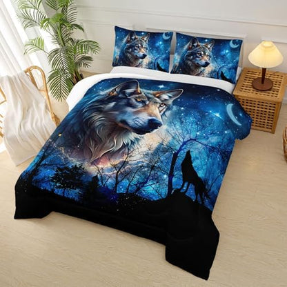 Wolf Comforter Set King for Boys Girls,Wolf Night Moon Galaxy Bed Set,Woodland Wild Animals Theme Comforter Set with 2 Pillowcase,Rustic Blue Black Bedding Set for Bedroom Decor
