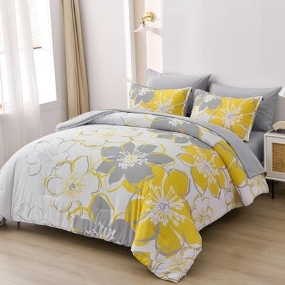Anibedding Yellow Floral Comforter Set King Size 7 Pieces Reversible Bed in a Bag with Sheets Set for All Season, Soft Microfiber Complete Bedding Set King (104"x90")