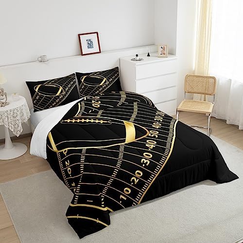Castle Fairy American Football Comforter Set Twin Size Geometric Lines Football Field Bedding Set for Kids Boys Girls Teens Room Decor Ball Sport Games Quilt Set Fashion Gold Black Duvet Insert 2pcs