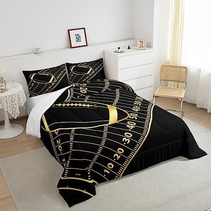 Castle Fairy American Football Comforter Set Twin Size Geometric Lines Football Field Bedding Set for Kids Boys Girls Teens Room Decor Ball Sport Games Quilt Set Fashion Gold Black Duvet Insert 2pcs