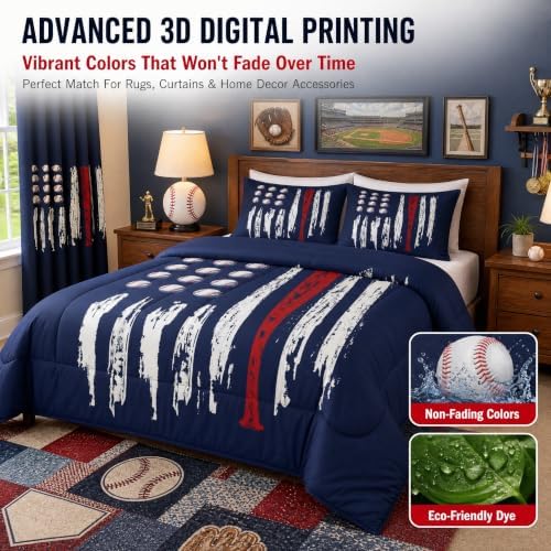Castle Fairy Kids Baseball Gaming Comforter Set Queen Size Navy Blue Coverlet Set for Boys Girls Teens Bedroom Decor Abstract Stripes Comforter Women Men Ball Games Quilt Set with 2 Pillowcases