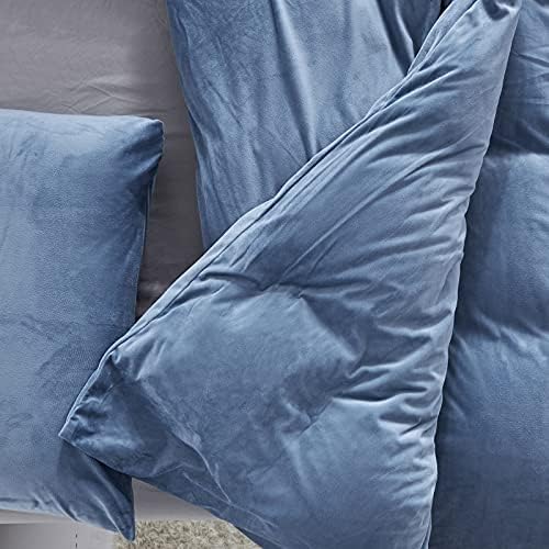 Wellboo Blue Velvet Bedding Comforter Sets Queen Size Adults Men Solid Lake Blue Fluffy Comforters Cotton Women Plain Haze Blue Flannel Quilts Warm Winter Micromink Sherpa Blankets Aesthetic Dorm Bed