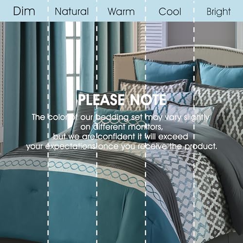 LANCO MODERN LIFESTYLE King Size Comforter Set, Blue, 12 Piece Room in a Bag for All Seasons, Luxury Extreme Comfort Bedding Sets with Curtains, Bedskirt, Pillow Shams, Euro Shams and Decor Pillows