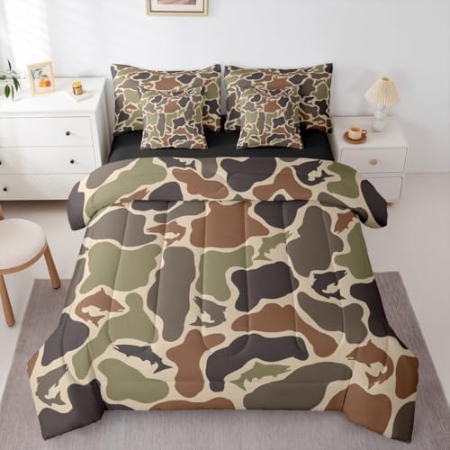 Erosebridal Camo Fish Twin Comforter Set with Sheets 7 Piece Bass Pike Fish Bed in A Bag Fishing Hunting Camouflage Bedding Sets for Kids Boys Girls Army Military Hunter Bed Set