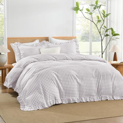 Andency Light Grey Gingham Duvet Cover Full, Ruffle Chic Bedding Set 3 Pcs