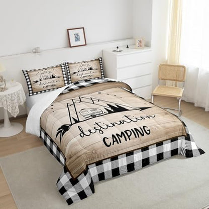 Manfei Camping Travel Comforter Set Full,Camper Car Bedding Set 3pcs for Kids Youths Adults RV Trailer Decor,Geometric Plaid Sun Moon Quilt Set,Wild Rustic Farmhouse Duvet Insert with 2 Pillowcases