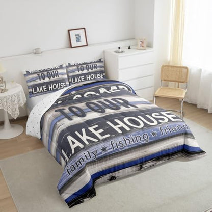 Manfei Lake House Comforter Set King Size, Rustic Cabin Lake Life Bedding Set 3pcs, Farmhouse Wooden Plank Down Comforter for All Season, Kids Boys Teen Room Decor, 2 Pillowcases, No Sheets