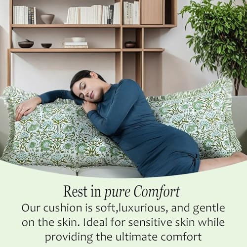 CPC Block Print Agate Green Ruffle Cotton Lumbar Pillow Cover 20x54 inch