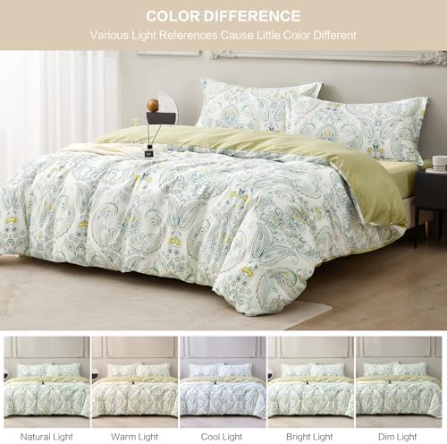 SAPHREAS Light Green Paisley Duvet Cover Set Full Size 3pcs Soft Cotton Vintage Bohemian Bedding Comforter Cover Set, 1 Duvet Cover 80"x90" and 2 Pillow Shams 20"x26"