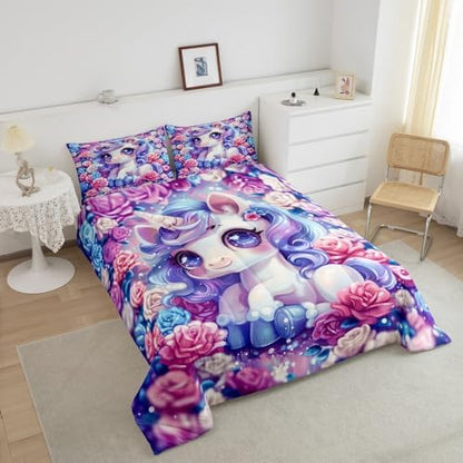 Unicorn Comforter Twin Size Colorful Rose Flower Floral Theme Bedding Set with 1 Pillowcase for Kids Child Girls,Princess Bedroom Cartoon Unicorn Quilt Double-sided Printing Duvet,Colorful Pink