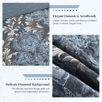 100% Cotton Classic Damask Reversible Queen Size Quilt Set, Blue & White