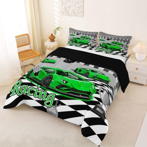 Feelyou Boys Race Car Kids Comforter Set Queen Size Speed Sports Car Bedding Set Racing Extreme Sports Duvet Quilt for Kids Boys Girls Bedroom Green Automobile Decor Microfiber Ultra Soft Breathable