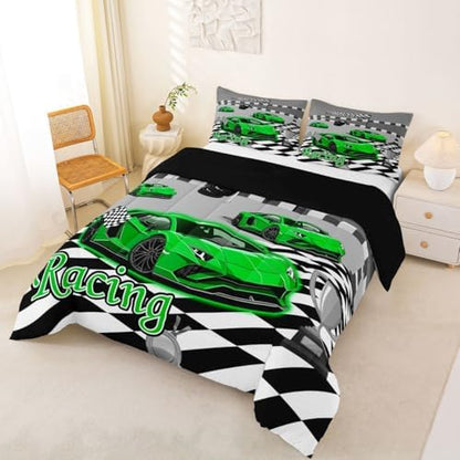 Feelyou Boys Race Car Kids Comforter Set Queen Size Speed Sports Car Bedding Set Racing Extreme Sports Duvet Quilt for Kids Boys Girls Bedroom Green Automobile Decor Microfiber Ultra Soft Breathable