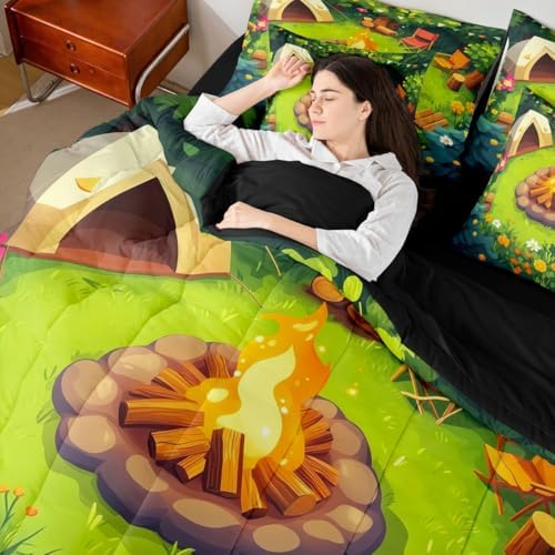 Erosebridal Campfire Twin Comforter Set with Sheets 7 Piece Woodland Campsite Bed in A Bag Happy Camping Camper Bedding Sets for Kids Adults,Rv Bunk Accessories Bed Set