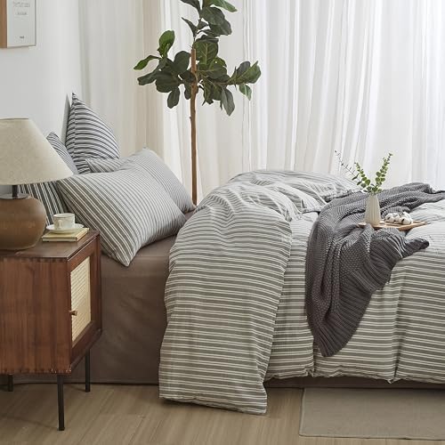 Striped Duvet Cover Set 100% Washed Cotton Linen Feel Queen