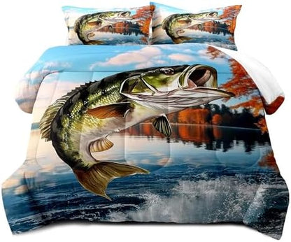 LUVIVIHOME 2PCS Fishing Comforter Set Twin Size, Bass Fish Bedding for Kids Teens Boys, Lake Forest Wildlife Animal Country Rustic Farmhouse Hunting Bedroom Decor, Soft Microfiber Quilt, 1 Pillow Sham