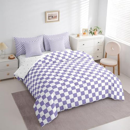 jejeloiu Purple and White Bedding Set 7Pcs Queen Size Kids Plaid Checkered Comforter Set with Sheets for Boys Girls Classic Grid Buffalo Check Bed in a Bag Soft Lightweight,Microfiber