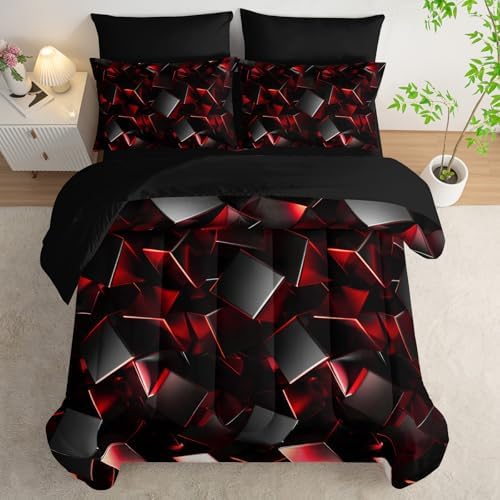 Nttopship Red and Black Geometric Comforter Set Full Size 7PCS,Abstract Triangular Printed Bedding Set for Adults,Geometric Mordern Art Decor All Seasons with Pillowcases,Flat, Fitted Sheet