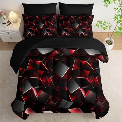 Nttopship Red and Black Geometric Comforter Set Full Size 7PCS,Abstract Triangular Printed Bedding Set for Adults,Geometric Mordern Art Decor All Seasons with Pillowcases,Flat, Fitted Sheet