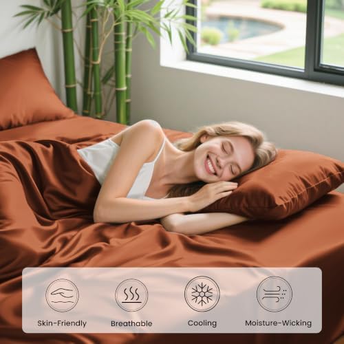 Love's cabin 3 Piece Twin XL Sheet Set, 100% Rayon Derived from Bamboo, Cooling & Breathable, Soft Silky Deep Pocket up to 16", Hotel Luxury Bedding for Hot Sleepers, Burnt Orange