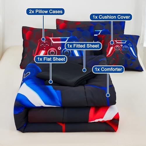 URBONUR Full Size Gaming Bedding Sets 6-Piece Comforter for Kids Teen Boys