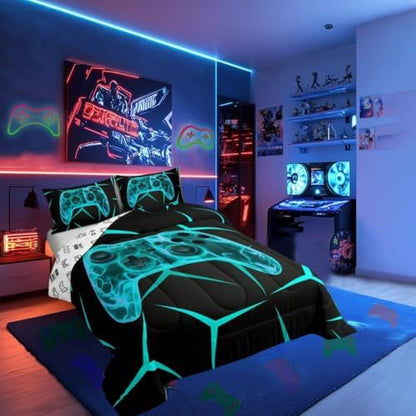 Castle Fairy Boys Game Comforter Set,Geometric Honeycomb Bedding Set for Kids Teens,Video Games Quilt Set,Duvet Insert 2 Pcs with 1 Pillowcase,Toddler