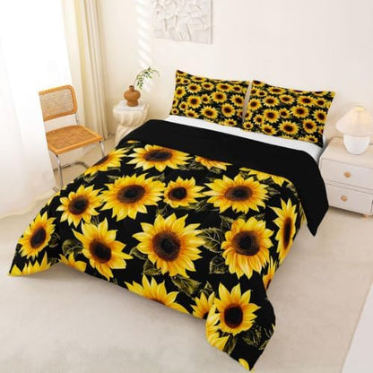 Sunflowers Comforter Set - Black & Yellow Sunflowers Print Bedding Set Twin Size for Kids Girls Women Room Decor,Cute Floral Bedding, 1 Soft Reversible Botanical Flowers Comforter and 1 Pillow Sham