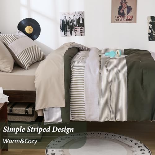 Twin Size Comforter Olive Green Striped Comforters for Boys&Girls