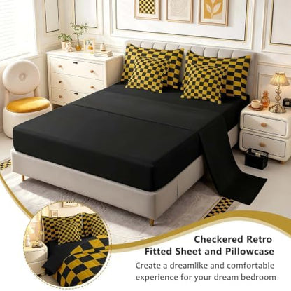 Feelyou Checkered 7 Piece Bedding Set Teen Yellow Black Plaid Comforter Set with Sheets Twin Size Kids Boys Cute Retro Neutral Checkerboard Geometric Bed in a Bag Vintage Aesthetic Room Decor