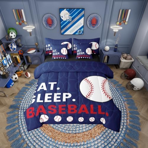 Erosebridal Kids Baseball Games Navy Blue Comforter Set Queen Size 7 Pieces | Softball Sports Gaming Bed in A Bag White Red Bed Set Boys Girls Teens Bedding
