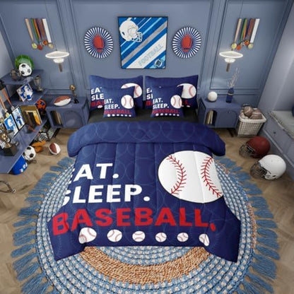 Erosebridal Kids Baseball Games Navy Blue King 7-Piece Comforter Set | Softball Sports Gaming Sheets and Pillowcases White Red Bed in A Bag Boys Girls Teens Bed Sets
