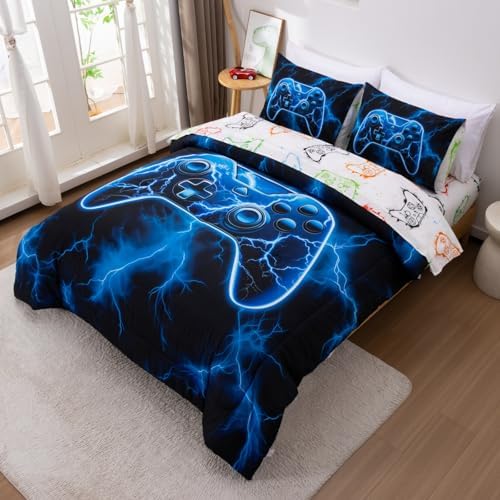 Meeting Story Gamer Comforter Set for Boys, 3D Game Controller Design Boys Twin Bedding Sets, 5 Pieces Gaming Bed Set for All Seasons, Lightweight Soft Twin Comforter Set(Blue)