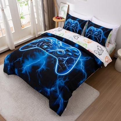 Meeting Story Gamer Comforter Set for Boys, 3D Game Controller Design Boys Twin Bedding Sets, 5 Pieces Gaming Bed Set for All Seasons, Lightweight Soft Twin Comforter Set(Blue)