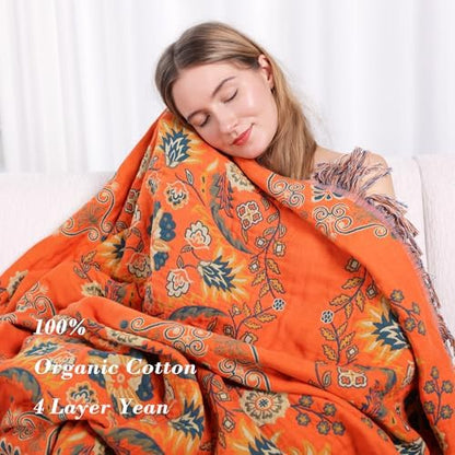 VANJOROY 100% Cotton Throw Blanket, Muslin Breathable Soft Bed Quilt Orange Throw - Bohemian Floral Farmhouse Decor Blanket for Sofa Couch Chair and Gift. 50" x 60"