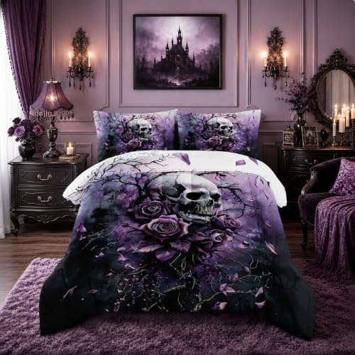 HOSIMA Floral Death Skull King Bedding Set for Women with 2 Pillowcases.