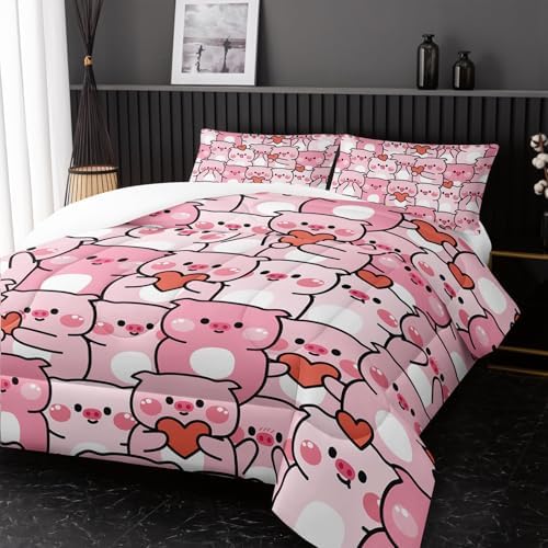 Pink Pig Comforter Set King，Kawaii Pink Cute Animals Bedding Set for Kids Boys Girls Teens Room Decor Kawaii Animals Comforter Set Farmhouse Wildlife Theme Bedroom Living Room Decor，All Season