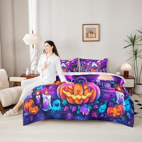 Erosebridal Cartoon Halloween Pumpkin King Comforter Set 7 Piece for Kids Adults Cartoon Graveyard Gothic Bed in A Bag with Sheetsghost Bedding Set Goth Bed Set Room Decor